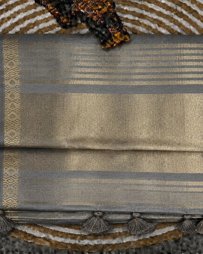 Tusser Tissue Saree With Kalamkari Print and Small Zari Border - Grey
