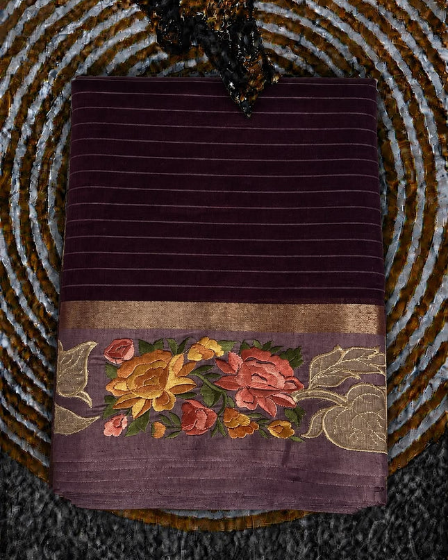 Linen Tissue Saree with Multi Stripes and Pichwai Border - Maroon