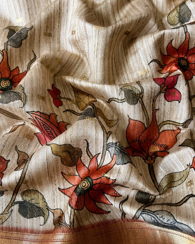 Tusser Saree With Floral Print  and small gold Buttes with and Golden Border  -  Beige