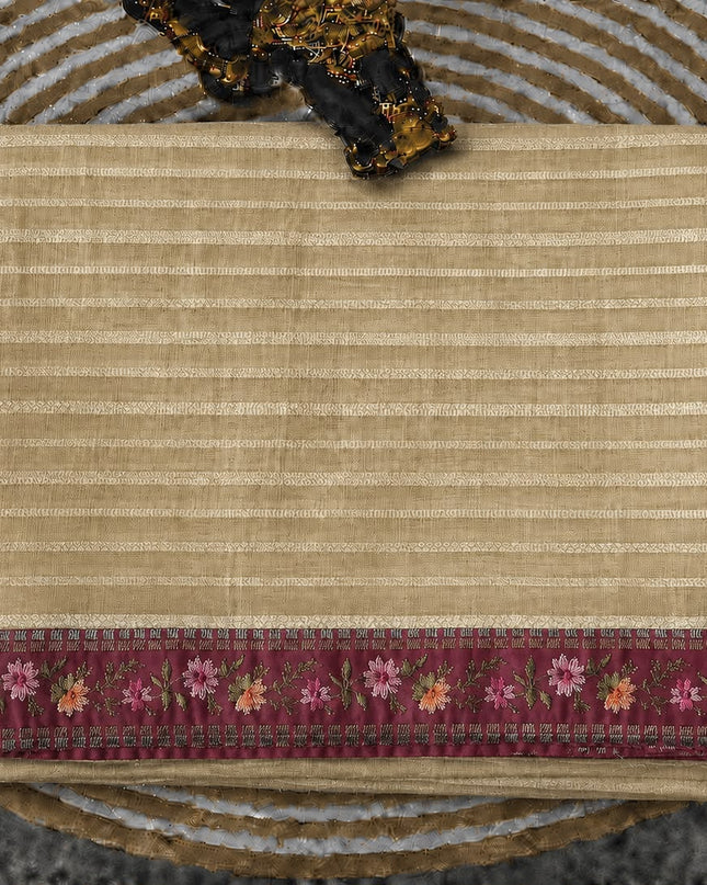 Mul Chanderi saree with Weaving Stripes and lace Border -Beige