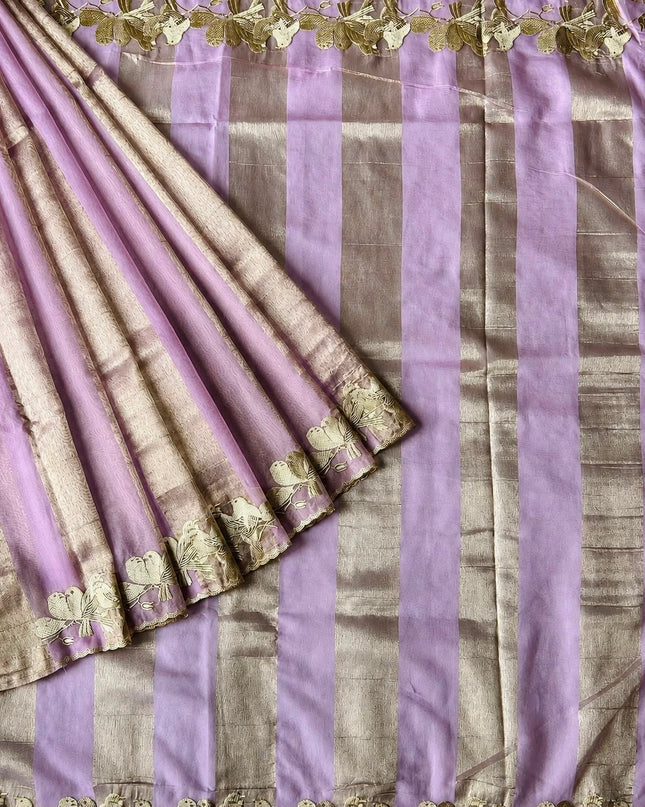Soft Orznga  Saree With Tissue Stripes and Thread Embroidery Work Scallop Border  - Light Pink