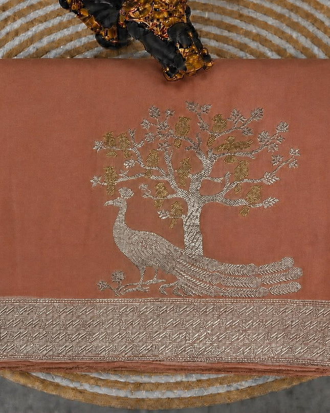 Mashru Banaras Saree with Gold & Silver Buttes and Silver Zari Border  - Coral