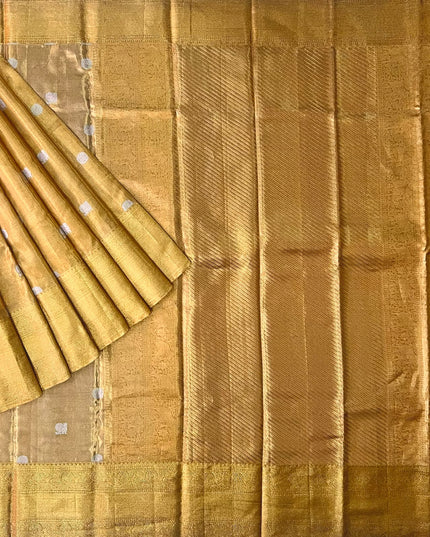 Pure Kanchi Tissue Saree With  Silver Peacock Motif - Mustard