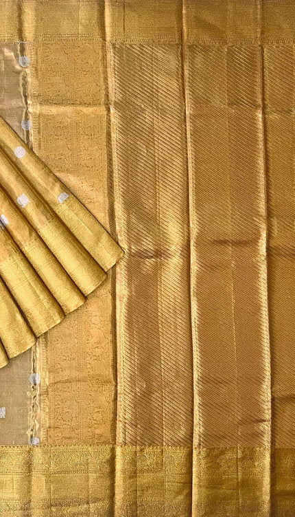 Pure Kanchi Tissue Saree With  Silver Peacock Motif - Mustard