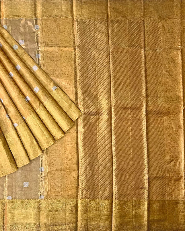 Pure Kanchi Tissue Saree With  Silver Peacock Motif - Mustard