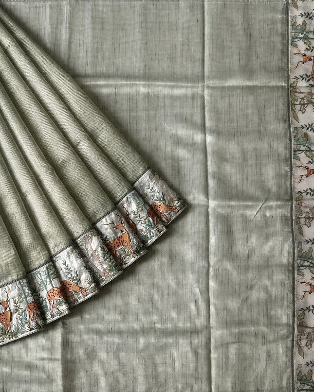 Tissue Saree with shikari border saree - Light Green