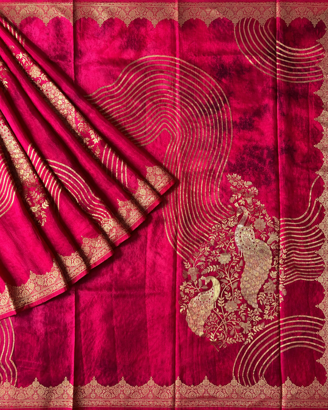 Banaras Crepe Saree With Shibori and Meenakari Weaving Golden Zari Border -Magenta