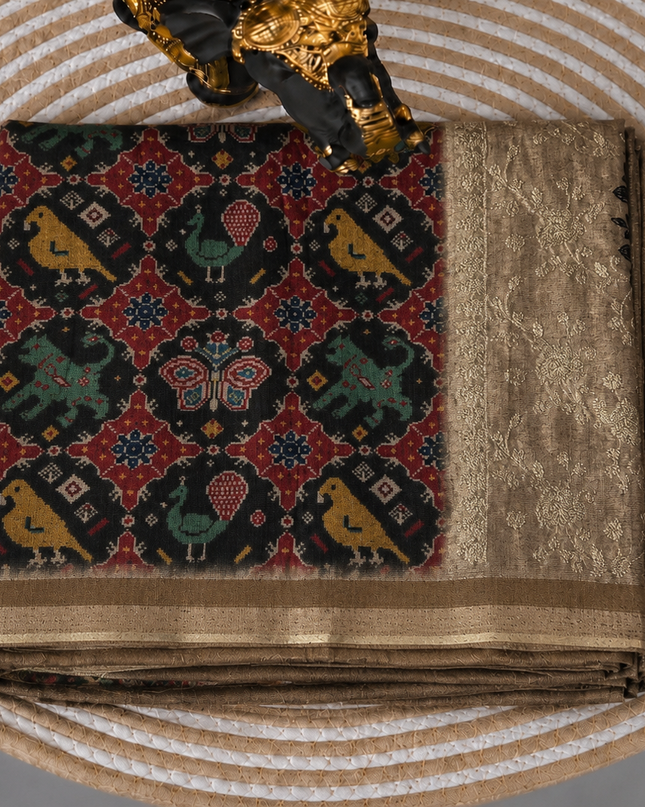 Tusser Silk Saree with Patola Print and Contrast Border - Black