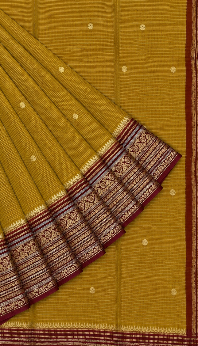 Green Silk Saree With Golden Zari Butties And Kanchi Border - Mustard & Red