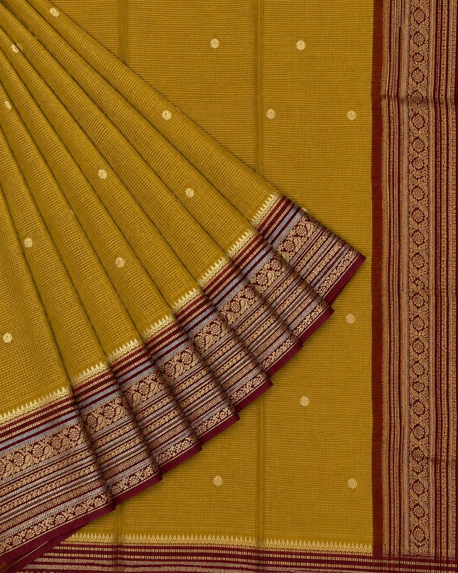 Green Silk Saree With Golden Zari Butties And Kanchi Border - Mustard & Red