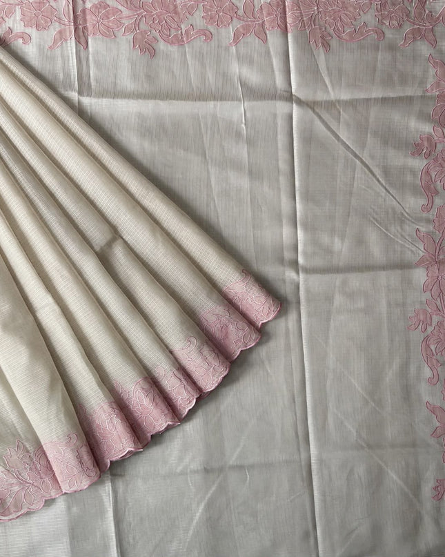 Kota Silk Saree with Contrast  Thread Embroidery Cut Work Border  - Beige & Pink