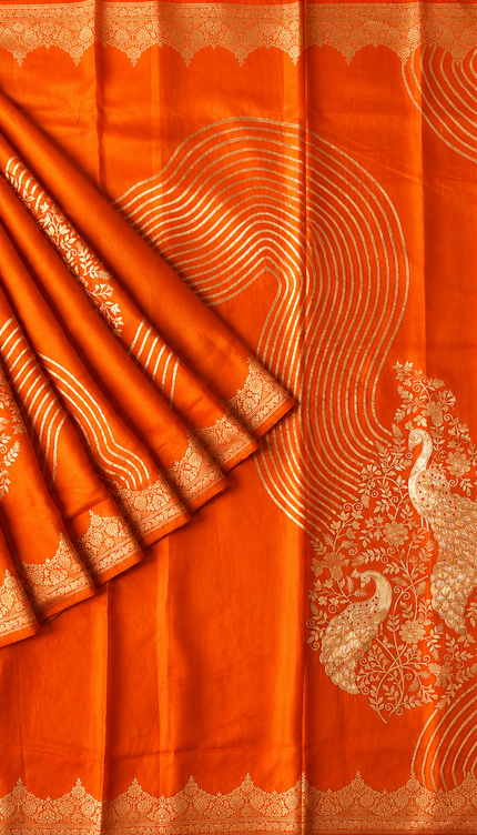 Banaras Crepe Saree With Shibori and Meenakari Weaving Golden Zari Border - Orange