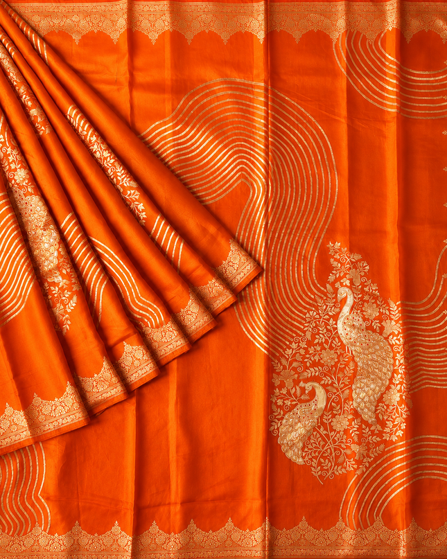 Banaras Crepe Saree With Shibori and Meenakari Weaving Golden Zari Border - Orange