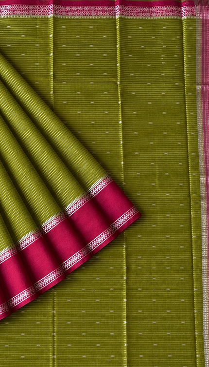 Munga Silk Saree With All over Oosi Design and Small Gold Butties  Contrast Border- Green & Pink