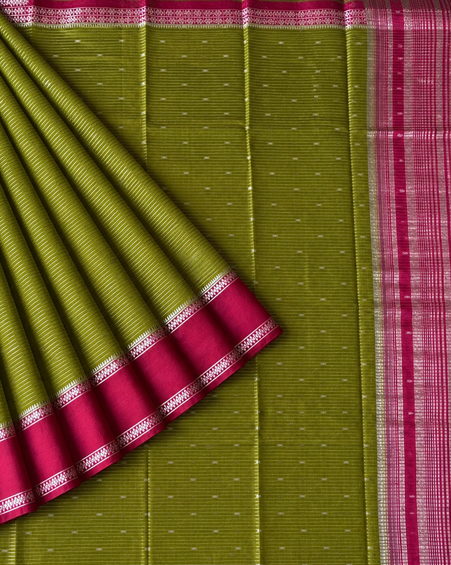 Munga Silk Saree With All over Oosi Design and Small Gold Butties  Contrast Border- Green & Pink