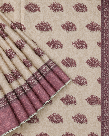Silk Kota Saree with Floral Print and Thread Embroidery work Border with Lace - Tan & Onion Pink
