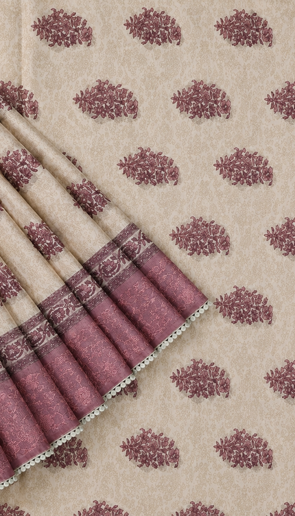 Silk Kota Saree with Floral Print and Thread Embroidery work Border with Lace - Tan & Onion Pink