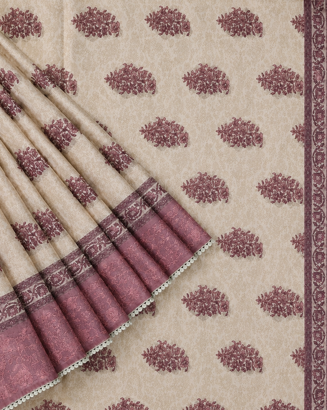 Silk Kota Saree with Floral Print and Thread Embroidery work Border with Lace - Tan & Onion Pink