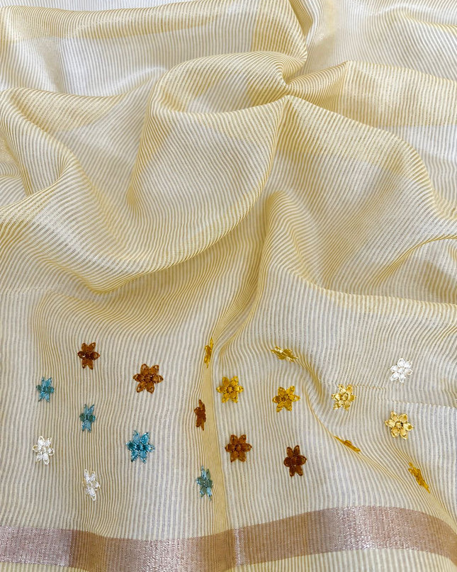Mul  chanderi saree with thread embroidery Work and Small Border - Lemon Yellow