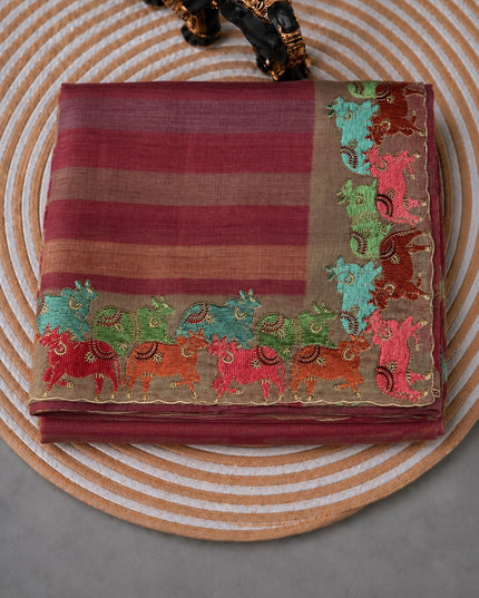Linen Tissue Saree with Multi Stripes and Pichwai Border - Maroon