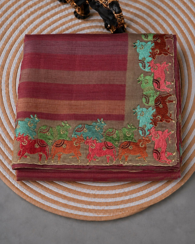 Linen Tissue Saree with Multi Stripes and Pichwai Border - Maroon