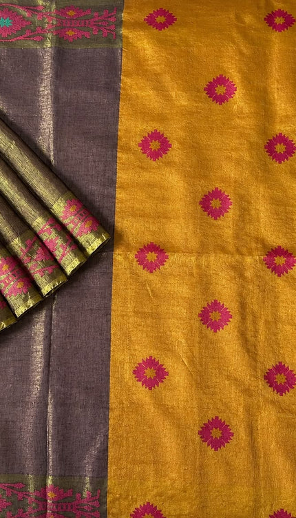 Tusser Silk Saree  With Thread Weaving Butties  With Golden Border- Brown