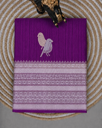 Raw silk sarees with Gold and Silver Zari Peacock design and Contrast border - Violet