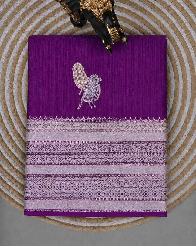 Raw silk sarees with Gold and Silver Zari Peacock design and Contrast border - Violet