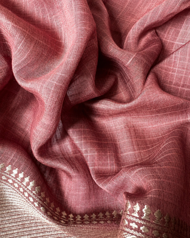 Munga Silk Saree With Floral Print and Kaddi Border -  Beige & Brown