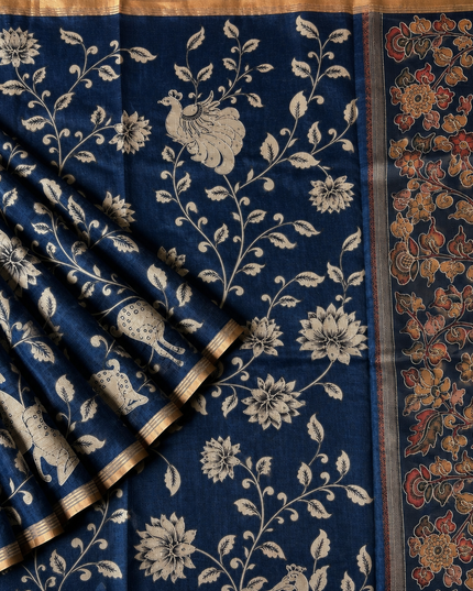 Kora Tusser kalmkari Sarree  With  Dori work and  Golden Border-  Navy Blue