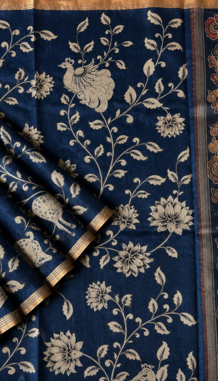 Kora Tusser kalmkari Sarree  With  Dori work and  Golden Border-  Navy Blue