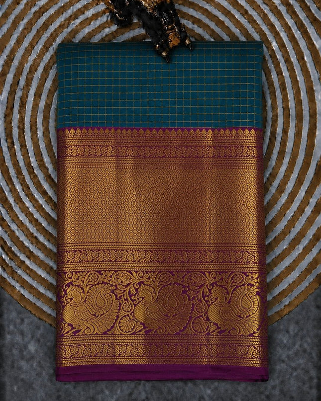 Pure Pattu Saree With Golden Check Weaving and Flower Buttes and Contrast Border - Peacock Blue