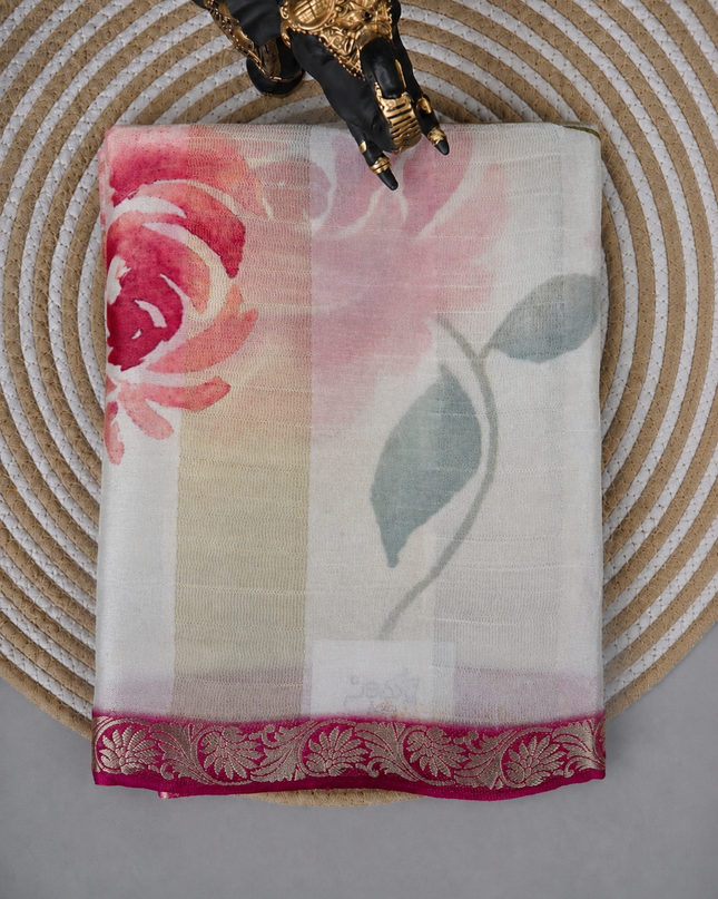 Crepe Silk Saree with  Floral Print with Contrast  Border - Cream & Pink