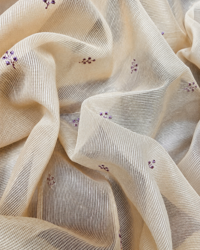 Silk Kota Saree with Floral Print and Thread Embroidery work Border with Lace - Tan & Onion Pink