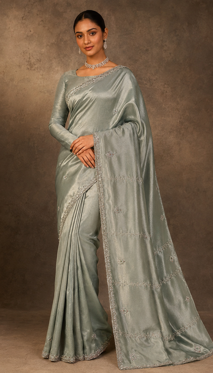 Tissue Saree with Kardhana Work and scallop Border - Light Green