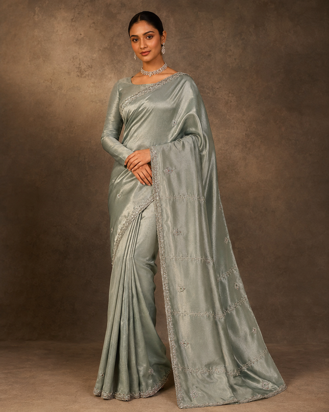 Tissue Saree with Kardhana Work and scallop Border - Light Green