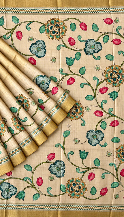 Tusser Saree with Floral and Golden Checks Design and Golden  Border - Light Mustard