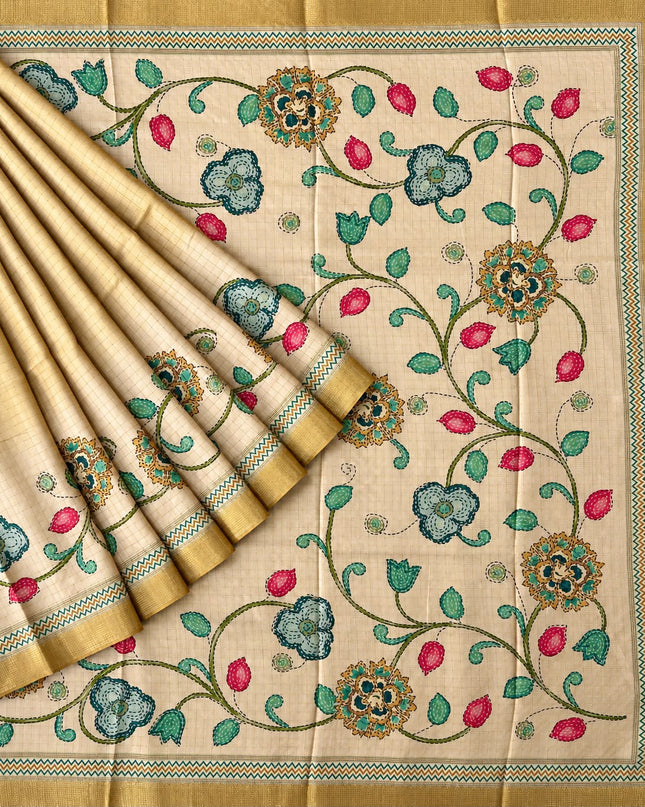 Tusser Saree with Floral and Golden Checks Design and Golden  Border - Light Mustard