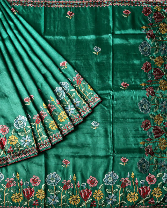 Dupion Saree with Thread Work Piping Border-  Green