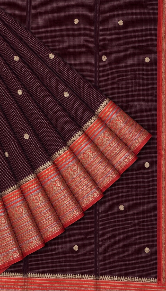 Green Silk Saree With Golden Zari Butties And Kanchi Border -Maroon