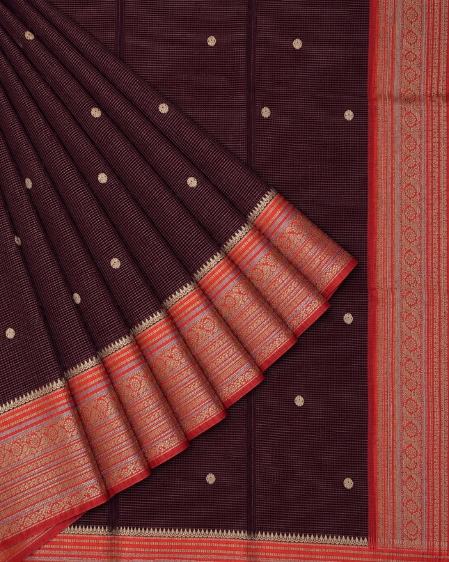 Green Silk Saree With Golden Zari Butties And Kanchi Border -Maroon