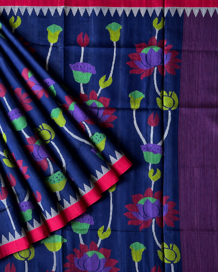 Tusser Jamdani Saree With  Contrast Border-  Blue
