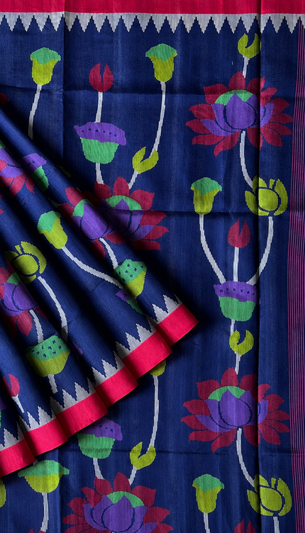 Tusser Jamdani Saree With  Contrast Border-  Blue