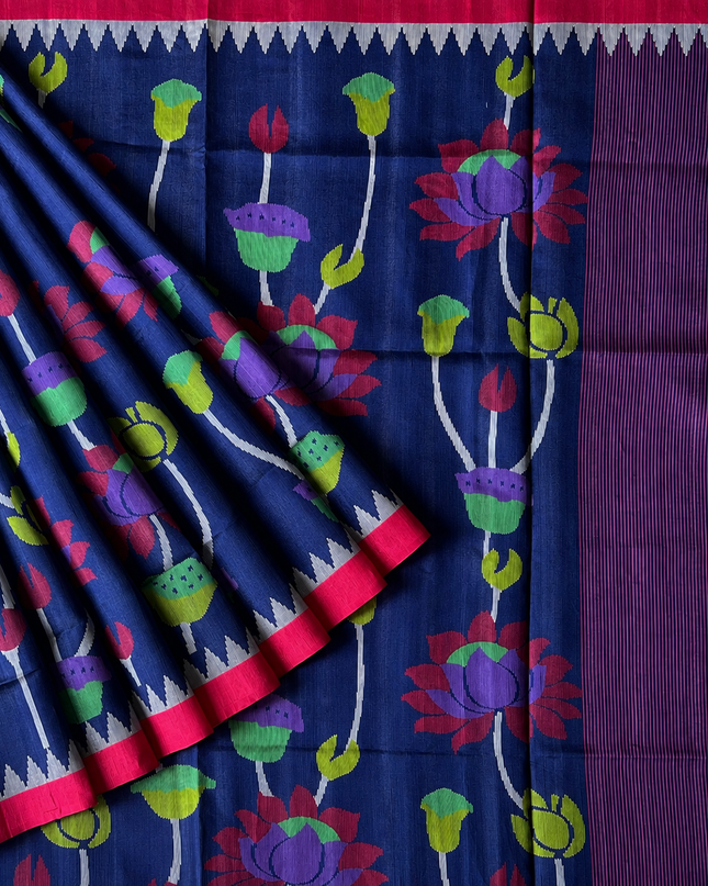 Tusser Jamdani Saree With  Contrast Border-  Blue