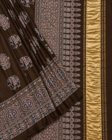 Modal silk saree with  ajrakh Design and Small Border  -Coffee Brown