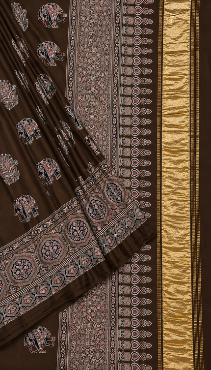 Modal silk saree with  ajrakh Design and Small Border  -Coffee Brown