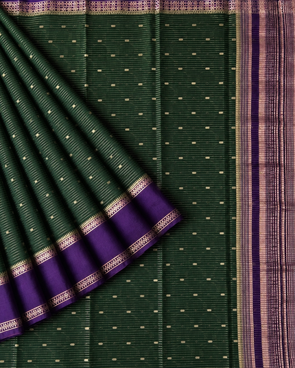 Munga Silk Saree With All over Oosi Design and Small Gold Butties  Contrast Border- Bottle Green