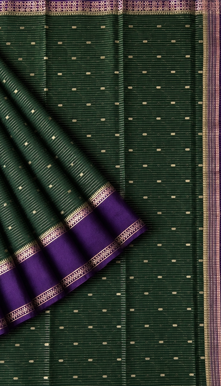 Munga Silk Saree With All over Oosi Design and Small Gold Butties  Contrast Border- Bottle Green