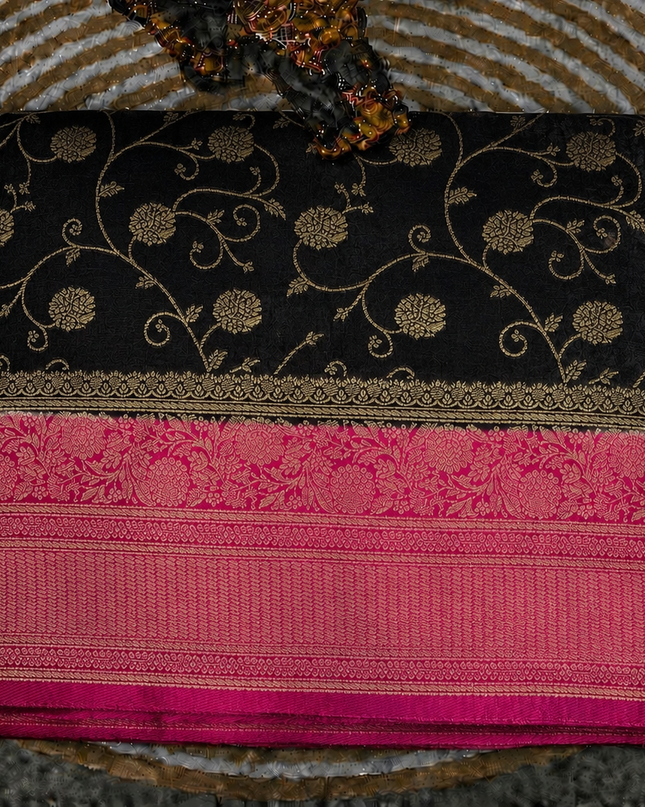 Banaras Saree With All Over Golden Zari Leaf Design and Zari Kaddi Border - Black