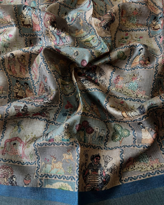Tusser Silk Saree With Arch Print and Golden Border  - Blue